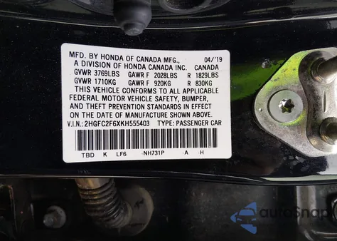 2019 Honda Civic Lx из США, поврежденный, VIN 2HGFC2F6XKH555403